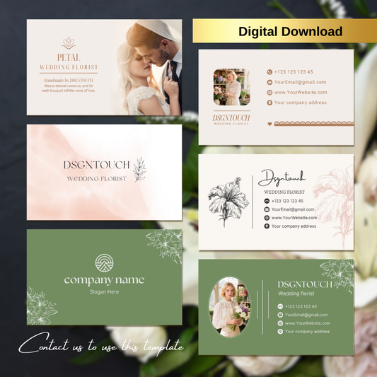 Editable digital business card Canva template for wedding planners and florists, showing a sleek design with contact details.