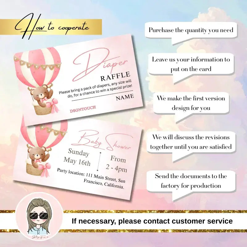 Printable Baby Shower Invitations design featuring Diaper Raffle details and Baby Shower information.