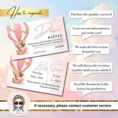 Printable Baby Shower Invitations design featuring Diaper Raffle details and Baby Shower information.