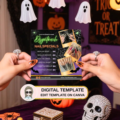 Halloween e-cards customizable for nail salons, featuring pricing and nail designs on festive background.