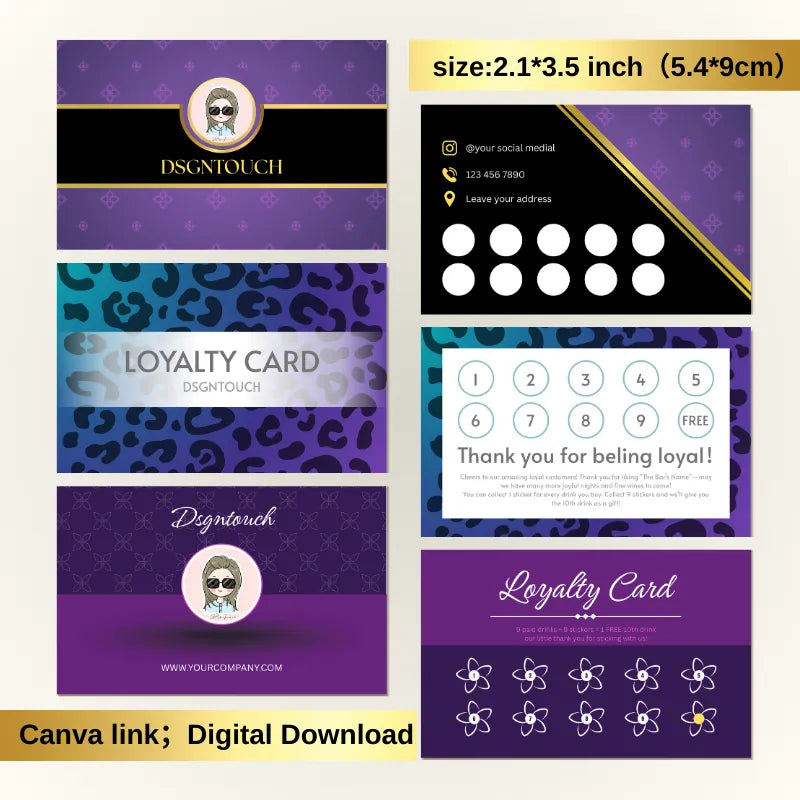 Editable Purple Digital Loyalty Card Templates - 3 Customizable Canva Designs