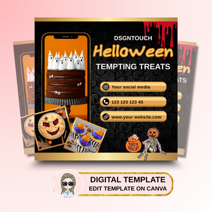 Halloween marketing template for cake shops with an editable QR code to link to your online menu or website