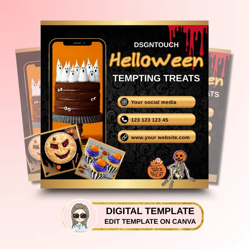 Funny Halloween Cards customizable for cake shops featuring tempting treats and QR codes for promotions.