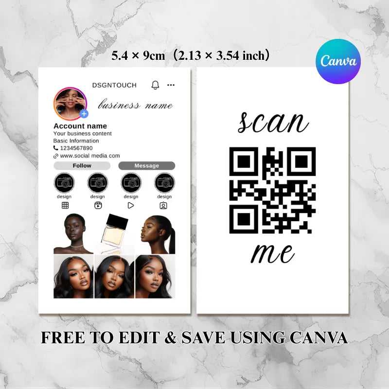 Social Media Card Design featuring marble texture and editable Canva template with QR code and business information.