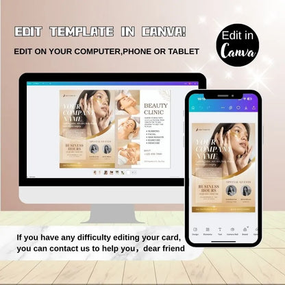 Editable beauty clinic flyer template for Canva (digital printable): Customize salon service flyers on computer/phone