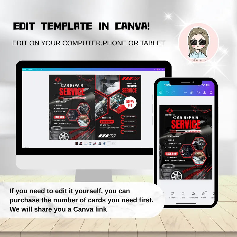 Editable car repair & car wash flyer template for Canva: Customize service flyers on computer/phone