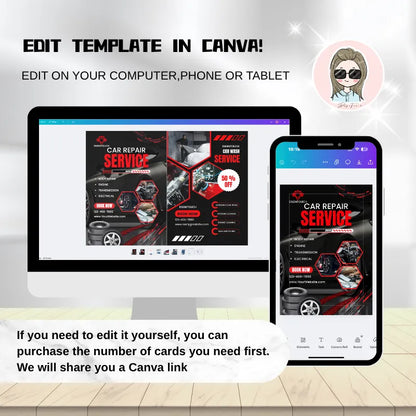 Editable car repair & car wash flyer template for Canva: Customize service flyers on computer/phone