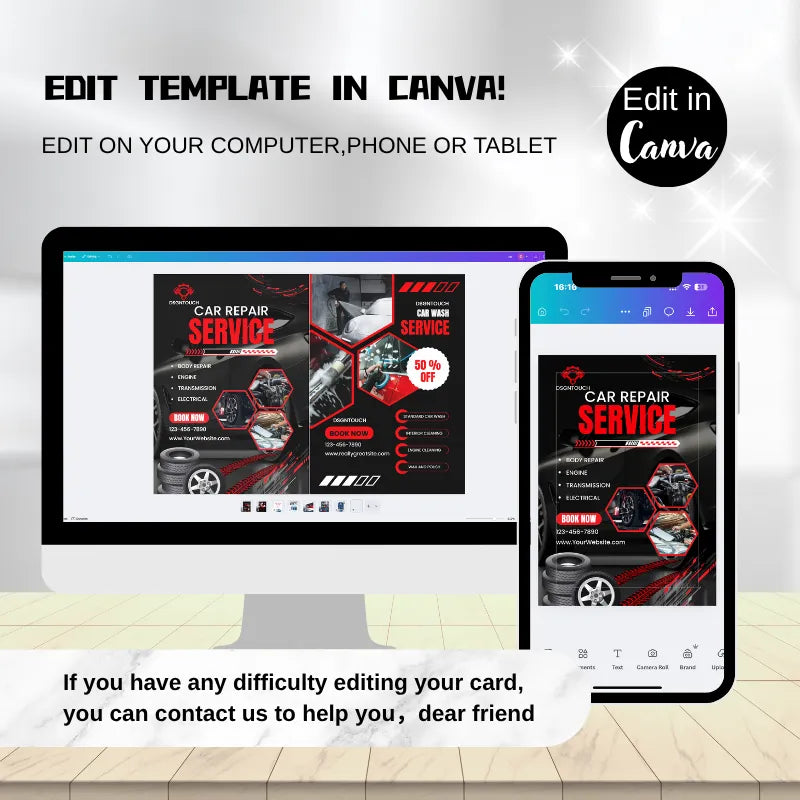 Editable car repair & car wash flyer template for Canva: Customize service flyers on computer/phone