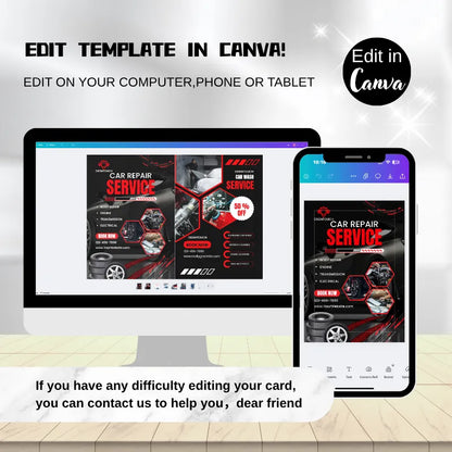 Editable car repair & car wash flyer template for Canva: Customize service flyers on computer/phone