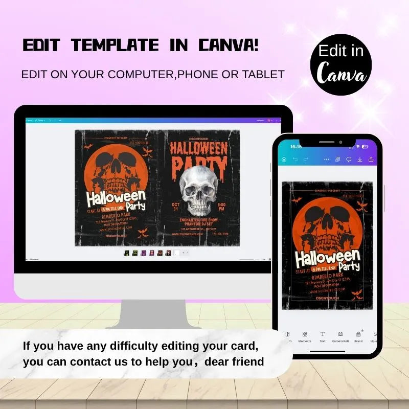 Editable Halloween flyer template for Canva: Customize skull-themed event flyers on computer/phone