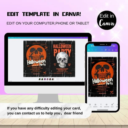 Editable Halloween flyer template for Canva: Customize skull-themed event flyers on computer/phone