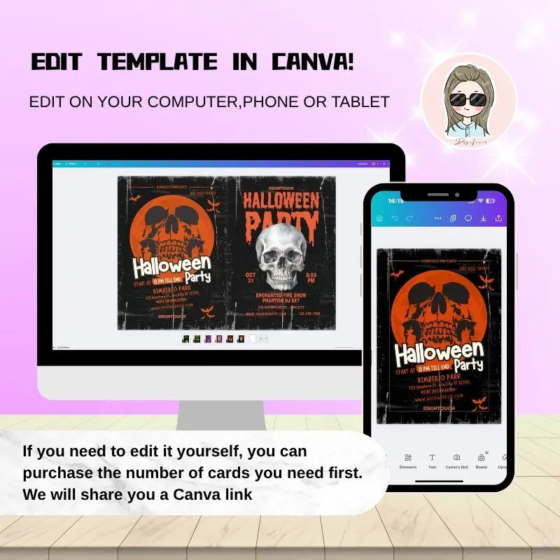 Editable Halloween party flyer template for Canva: Customize skull-themed event flyers on computer/phone