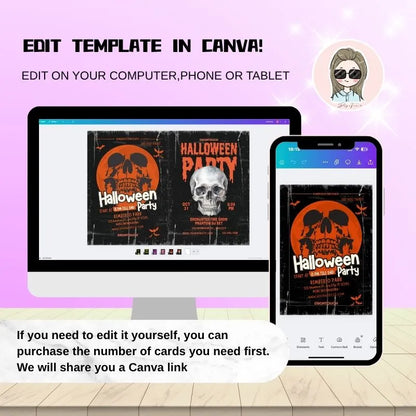 Editable Halloween party flyer template for Canva: Customize skull-themed event flyers on computer/phone