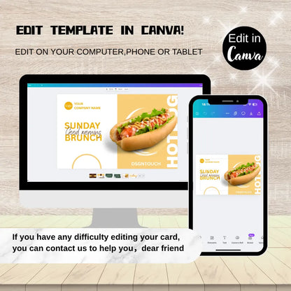 Editable restaurant business card template for hotdog brunch menus. Customize in Canva 