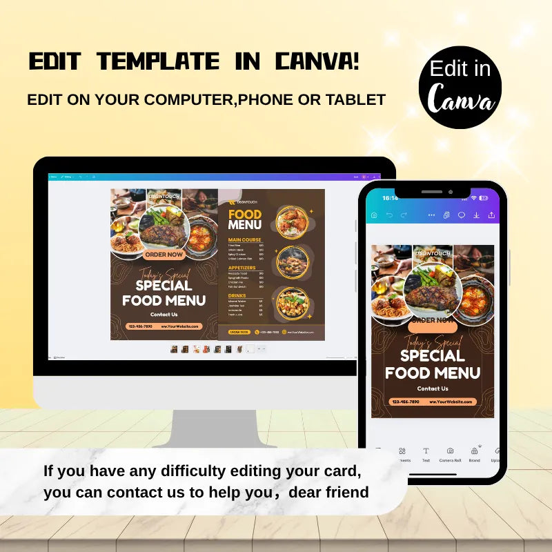 Editable restaurant menu flyer template for Canva: Customize 'Today's Special' food menus on computer/phone (editing support available)