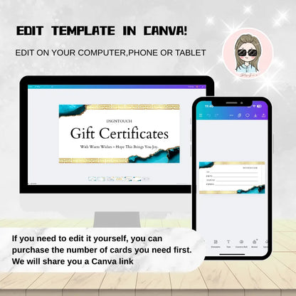 Editable watercolor gift card template for Canva: Customize DSGNTOUCH gift certificates on computer/phone (includes Canva link)