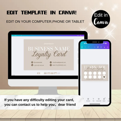 Editing the digital loyalty card template in Canva, showing how easy it is to customize for a small business.