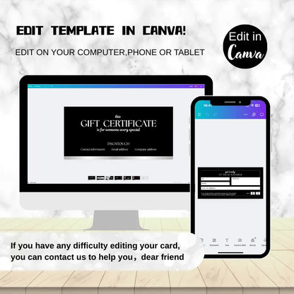 A screenshot showing how to easily customize the Gift Certificate Template Word style design using the Canva editor.