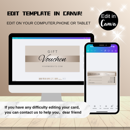 Editing the beige gift certificate templates in the user-friendly Canva interface on a laptop.