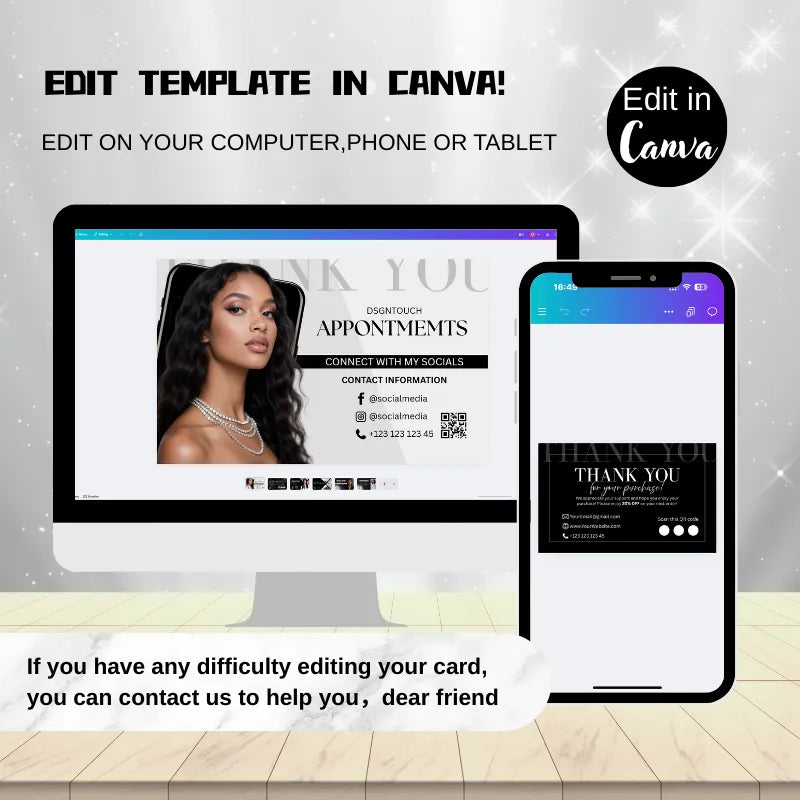 Editing the modern hair business card template in Canva, demonstrating how easy it is to customize for hair professionals.