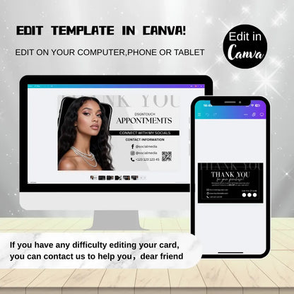 Editing the modern hair business card template in Canva, demonstrating how easy it is to customize for hair professionals.