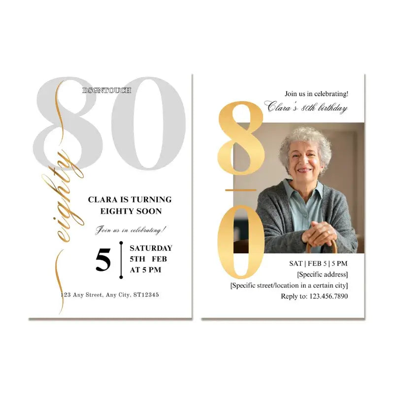 Elegant 80th birthday invitation, a perfect birthday card for elderly.