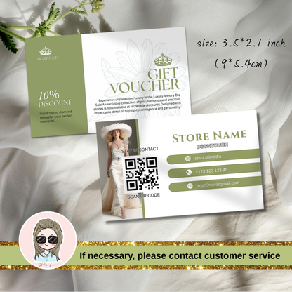 Luxury jewelry gift voucher with 10% discount offer, gold accents, and space for QR code, social media, and contact details for high-end stores.