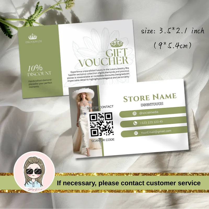 Luxury jewelry gift voucher with 10% discount offer, gold accents, and space for QR code, social media, and contact details for high-end stores.