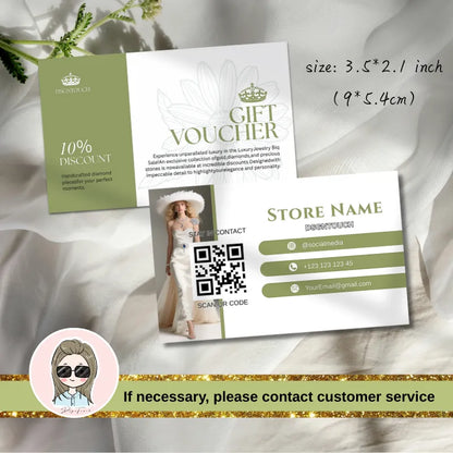 Luxury jewelry gift voucher with 10% discount offer, gold accents, and space for QR code, social media, and contact details for high-end stores.