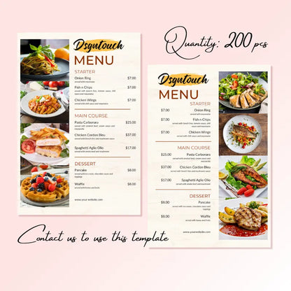 200-piece elegant food menu template: categorizes starters/main/desserts (e.g., Onion Ring, Waffle) with dish descriptions; designed by DsgnTouch.