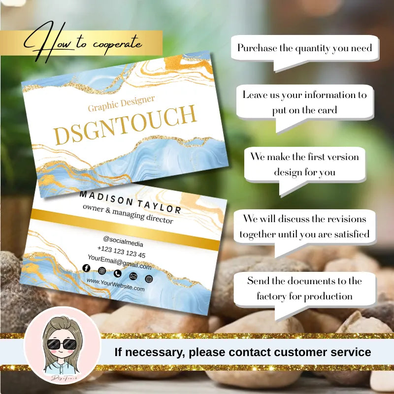 Watercolor business card design by Dsgntouch with contact information and cooperation instructions.