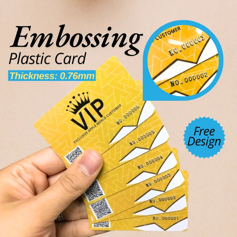 Embossed plastic VIP cards (0.76mm thickness) with a close-up of the embossed serial number; text highlights "Free Design" offer.