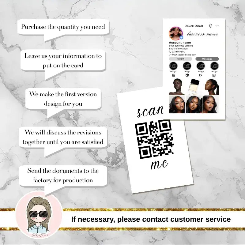 Marble Social Media Cards design instructions with QR code on a luxurious marble background.