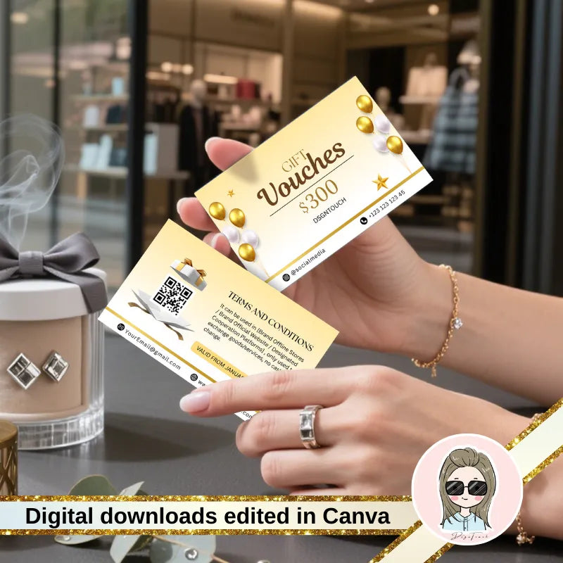 A realistic mockup showing how the gold foil Canva event ticket template looks when printed and held in hand, showcasing its professional quality from DSGNTOUCH.