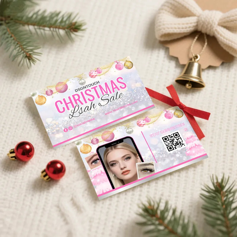Blush Silver Christmas business cards showcasing Lash Sale design with festive decorations and client photo.