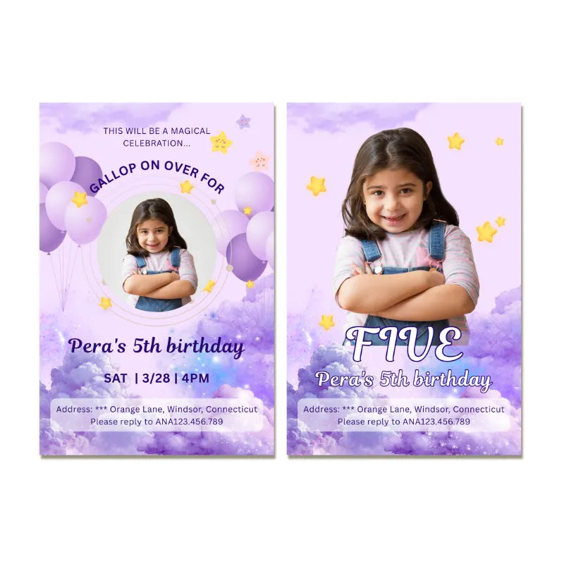 Whimsical fairy tale birthday invitation with RSVP details. We specialize in free custom designs for any theme, including pirate and nautical parties.