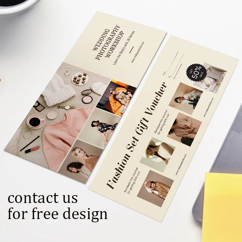 Fashion Set Gift Voucher template (cream design): features a 50% off sale offer, product visuals, and "free design" contact prompt; paired with a wedding photography workshop card.