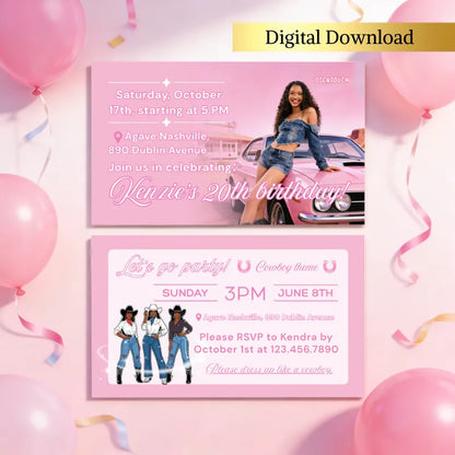  Final pink birthday card design example with cowboy theme | Girls birthday digital invitation