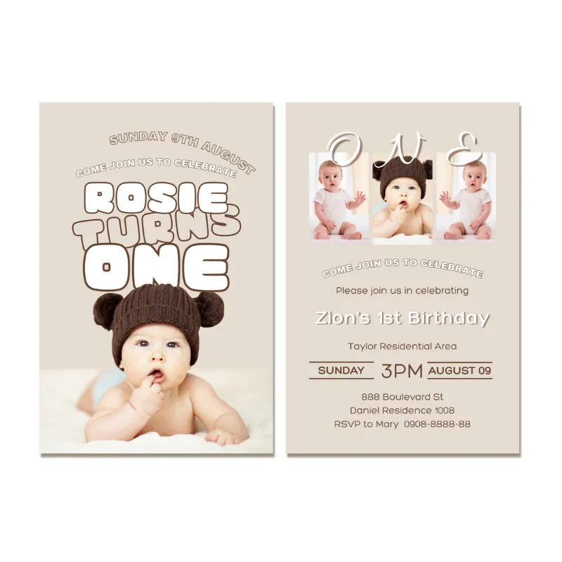 “Rose Turns One” first birthday card design example, part of our free custom invitation service.