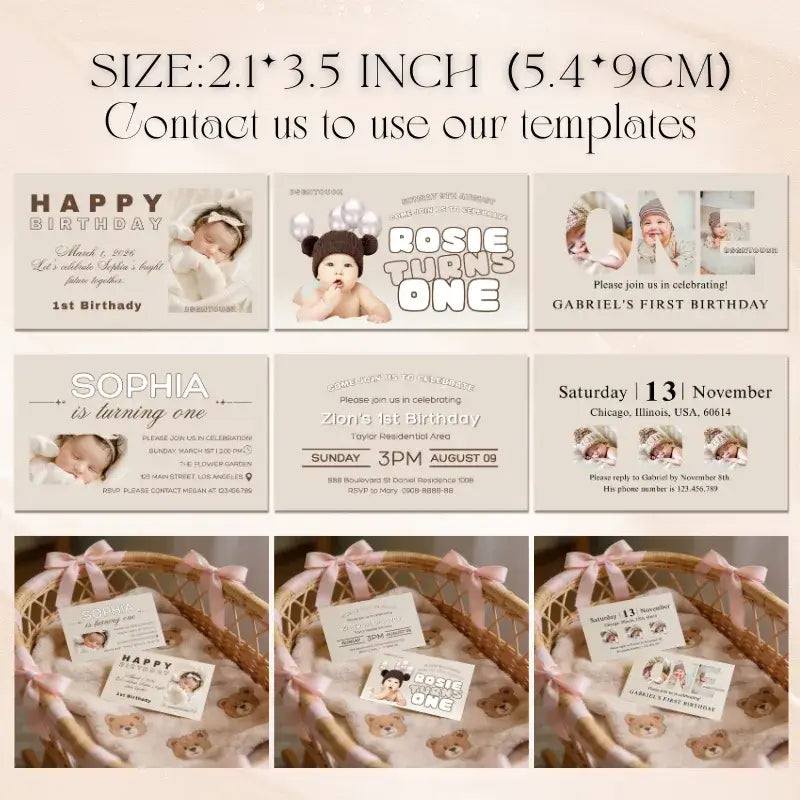 Collage of custom printed 1st birthday cards featuring various designs for baby celebrations.