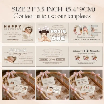 Collage of custom printed 1st birthday cards featuring various designs for baby celebrations.