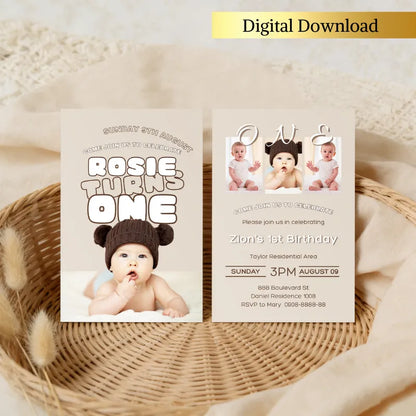 Beige first birthday invitation template for a baby girl turning one, editable digital download.