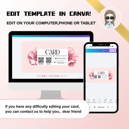 Pink floral business card template displayed in Canva on a desktop computer and smartphone.