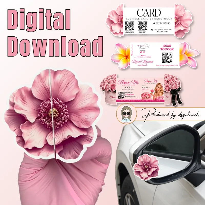 Pink flower-shaped business card template with additional floral design previews and folded card examples