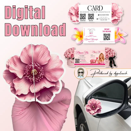 Pink flower-shaped business card template with additional floral design previews and folded card examples