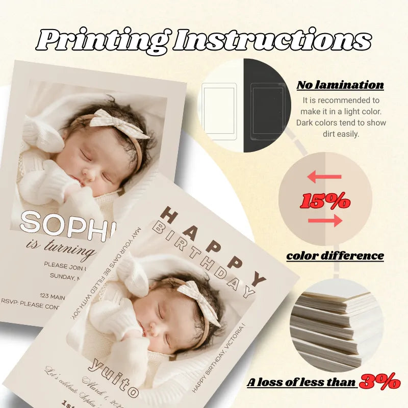 Printing guide and quality notes for our free custom 1st birthday invitation card design service.