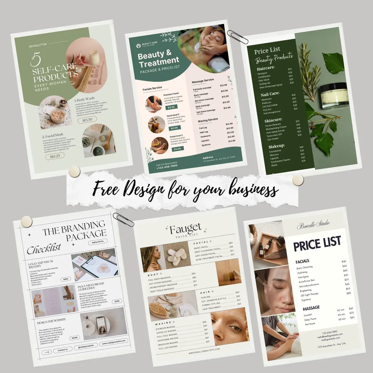 Collection of free business design templates for beauty brands: newsletters, service pricelists, product price sheets, and branding checklists.