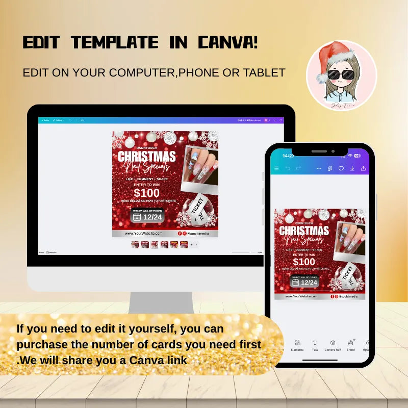 Red Christmas Cards template on computer and phone, editable in Canva for Christmas nail salon promotions.