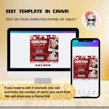 Red Christmas Cards template on computer and phone, editable in Canva for Christmas nail salon promotions.
