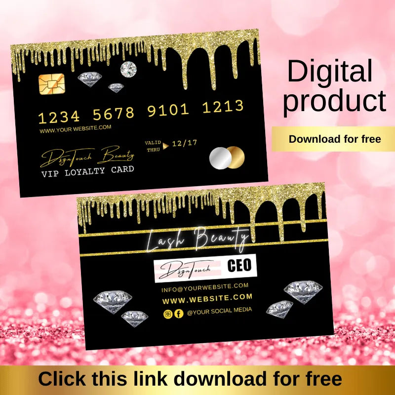 Free digital beauty VIP loyalty card template (gold drip + diamond design): includes business contact details, expiration date, and a free download link (labeled as a digital product).